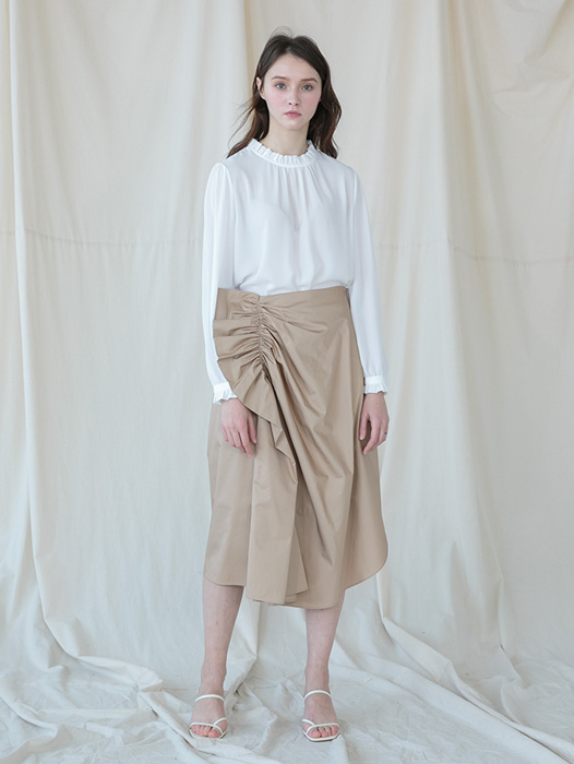 [Coett] Ruffle Shirring Skirt_BEIGE