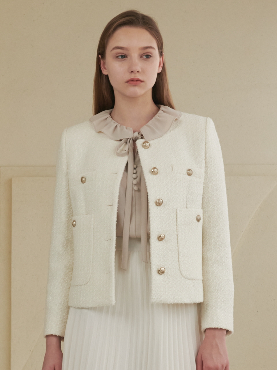 Wool button tweed jacket ivory